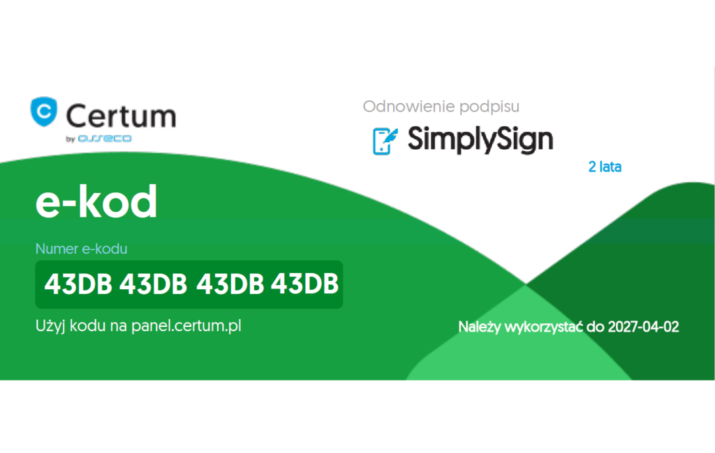 e-Kod do odnowienia kwalifikowanego podpisu elektronicznego Certum SimplySign